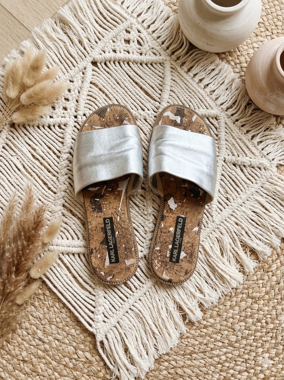 Authentic Karl Lagerfeld Paris Silver Leather Slide Sandals – Size 7.5